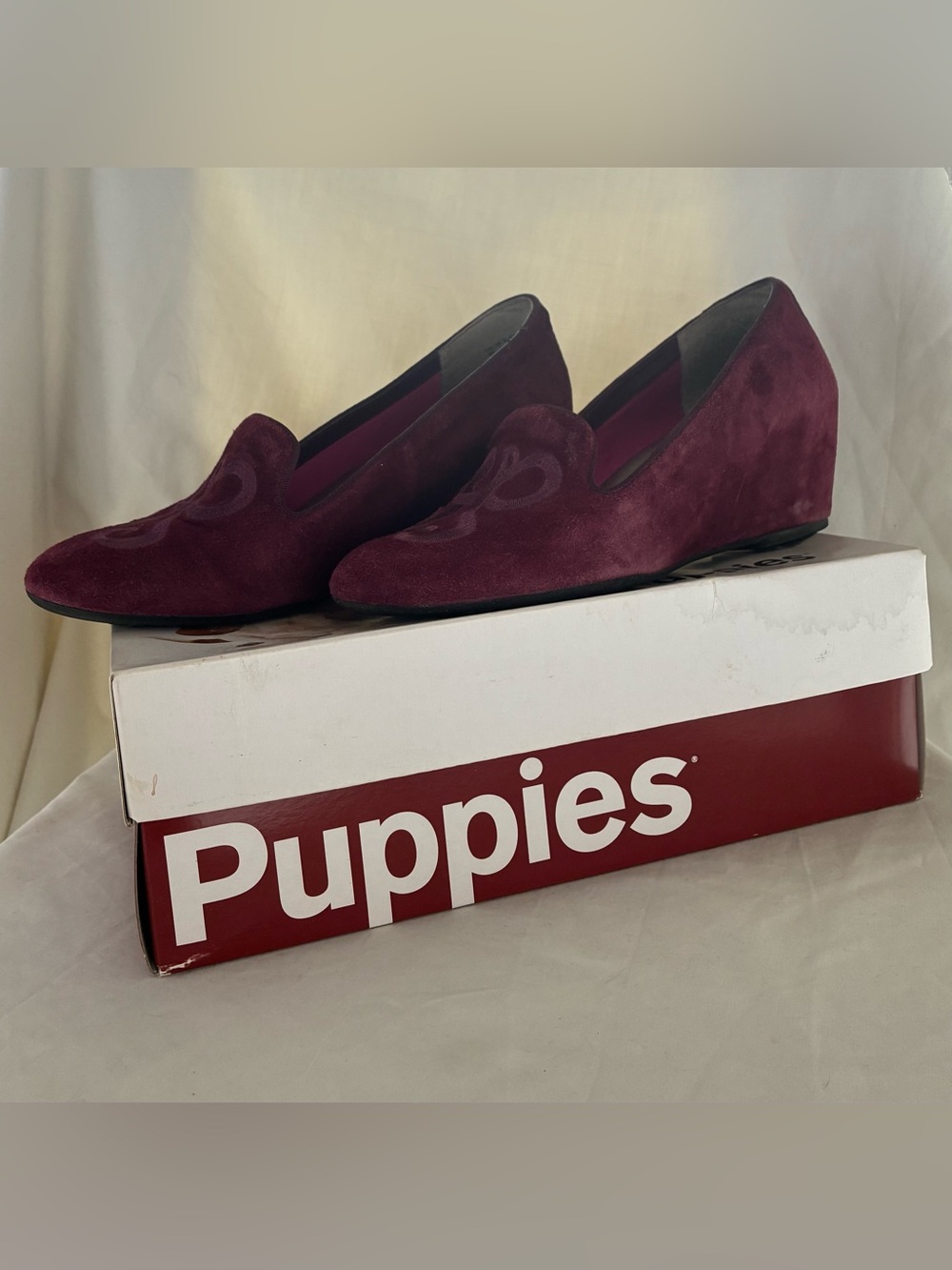 Hush Puppies Suede Wedge Loafers in Burgundy Wine Color with Embroidery Detail